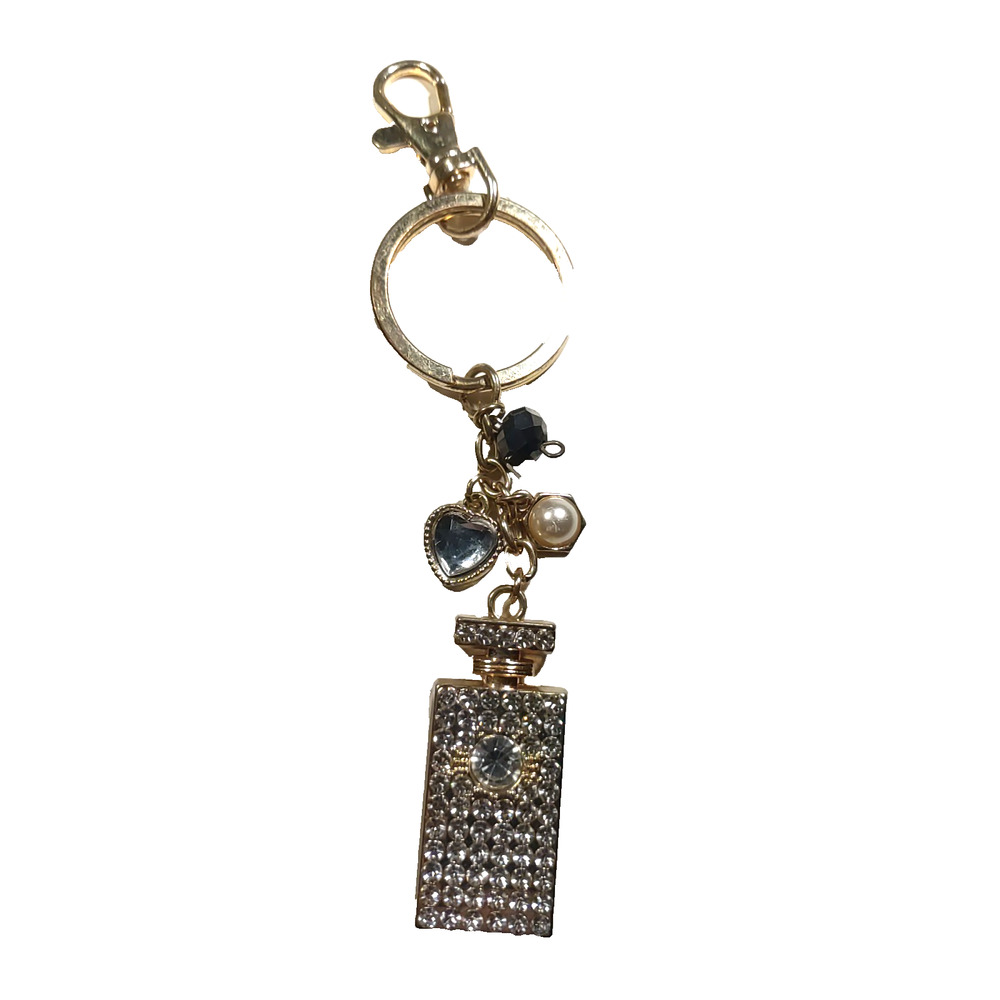 Faux Perfume Bottle Rhinestone Keychain Rose Gold Tone Heart Pearl Purse Clip